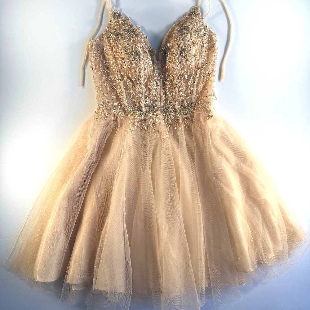 Cinderella Devine Champagne Color Short Dress Deep V Neckline Size XS